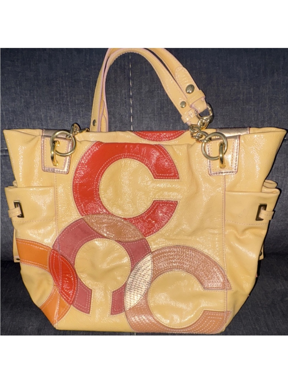 Coach Yellow Orange Red Logo Satchel Bag with Gold Hardware & Pink Lining